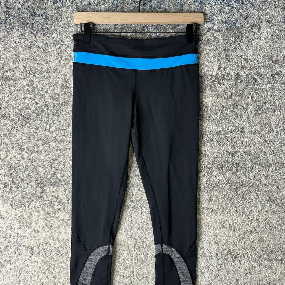 Lululemon Pants Womens 6 Black Blue Capri Crop Leggings Running Zip Pocket Gym